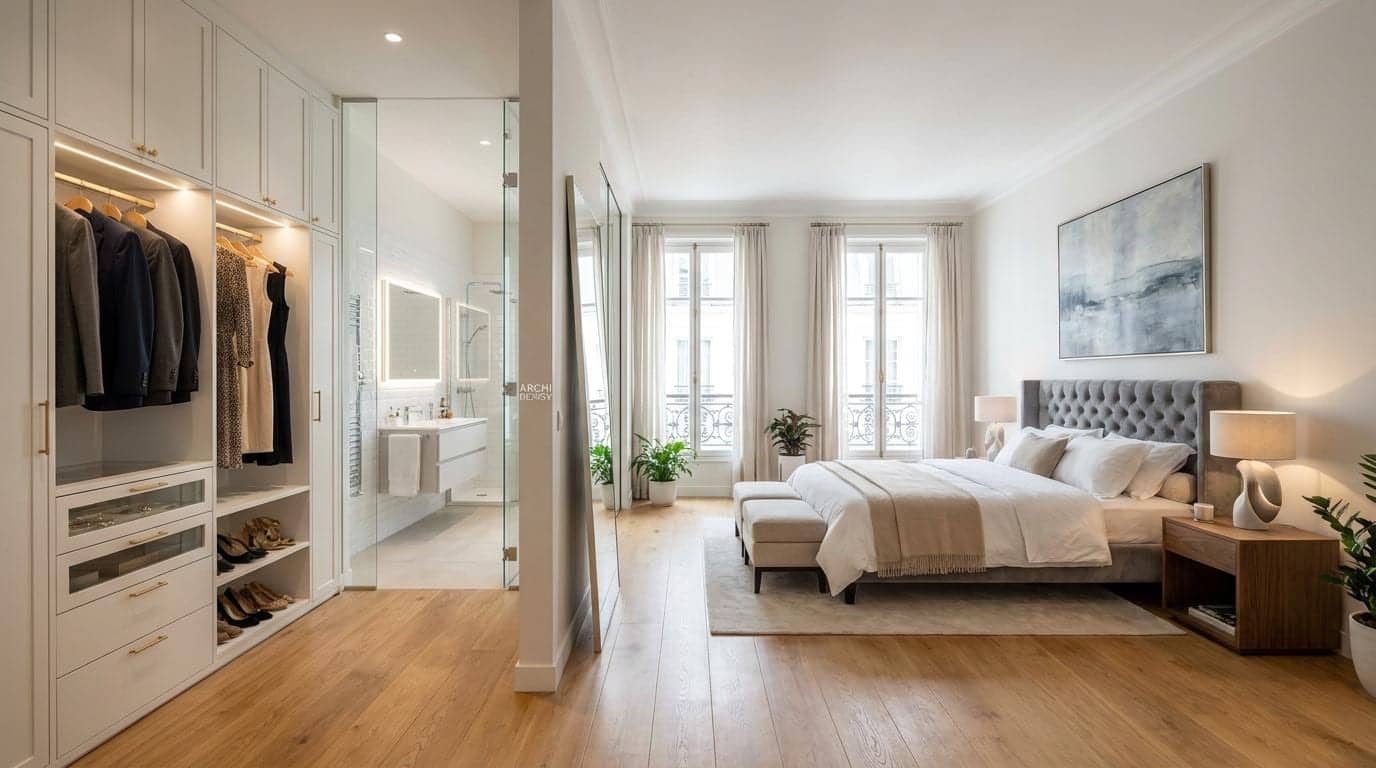 Chambre parisienne avec dressing blanc, salle d'eau vitrée, lit capitonné gris et parquet clair