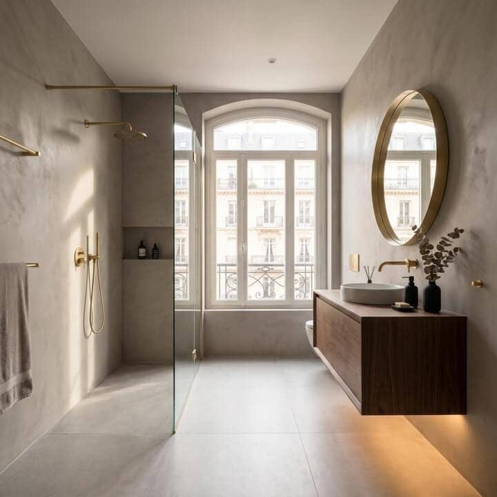 Salle de bain en béton ciré avec douche vitrée et fenêtre cintrée à Asnières-sur-Seine