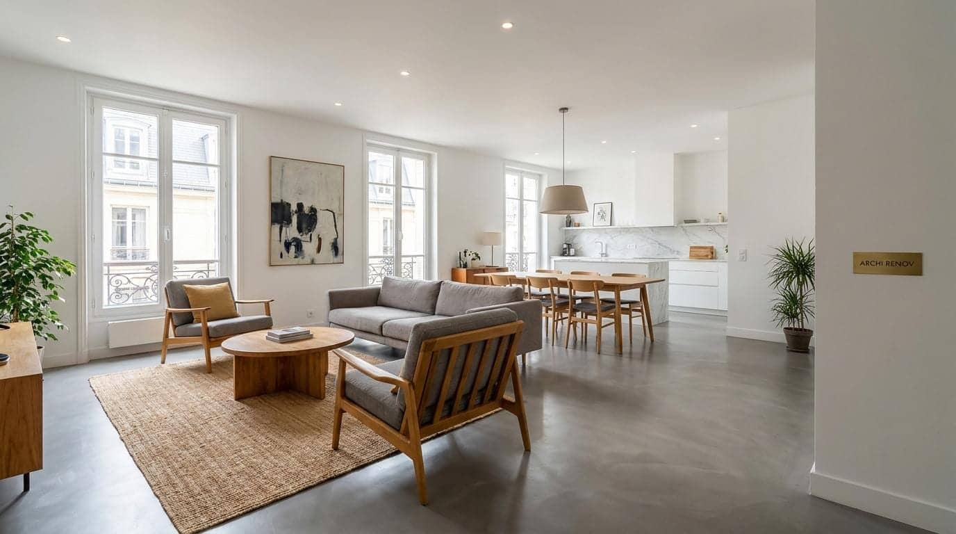 Séjour ouvert sur cuisine avec sol en béton ciré, fauteuils en bois et table à manger