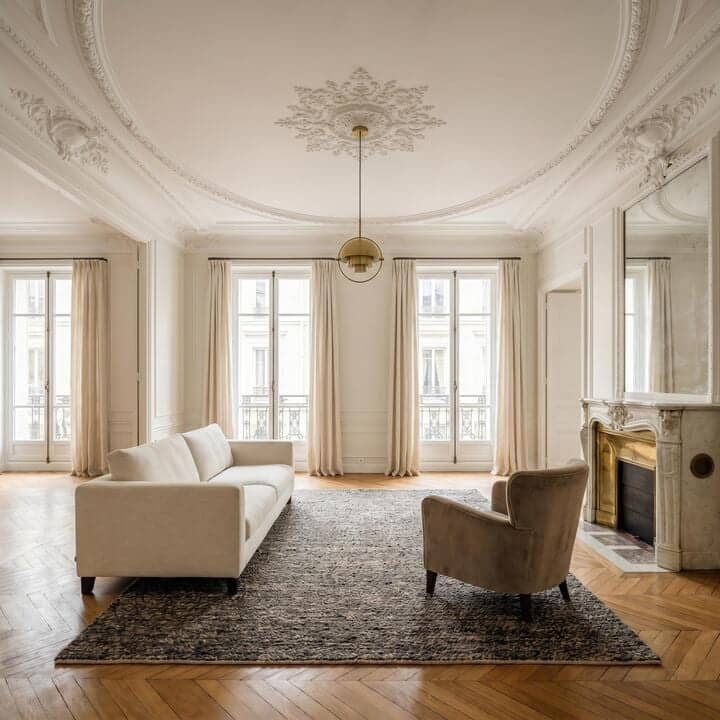 Salon haussmannien lumineux avec moulures, canapé crème, fauteuil, tapis et cheminée en marbre à Suresnes