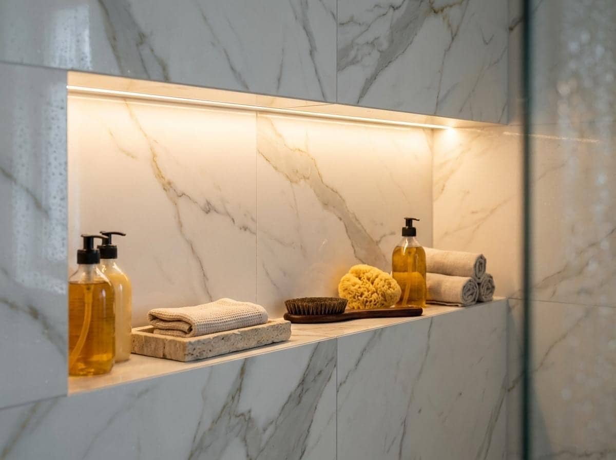 Niche de douche éclairée en marbre blanc avec flacons de savon et serviettes à Asnières-sur-Seine