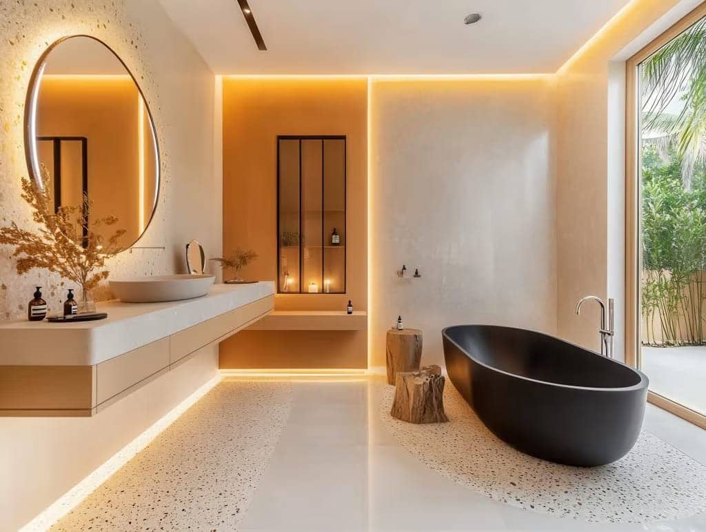 Salle de bain claire avec baignoire noire, sol en terrazzo et éclairage LED chaud