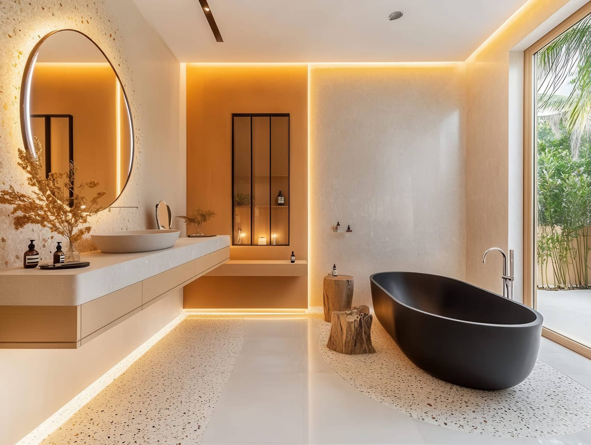 Salle de bain claire avec baignoire noire, sol en terrazzo et éclairage LED chaud