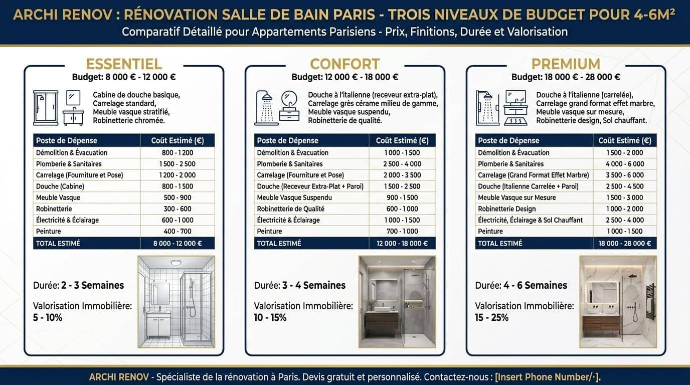 Tableau comparatif de trois niveaux de budget pour rénover une salle de bain à Paris 16