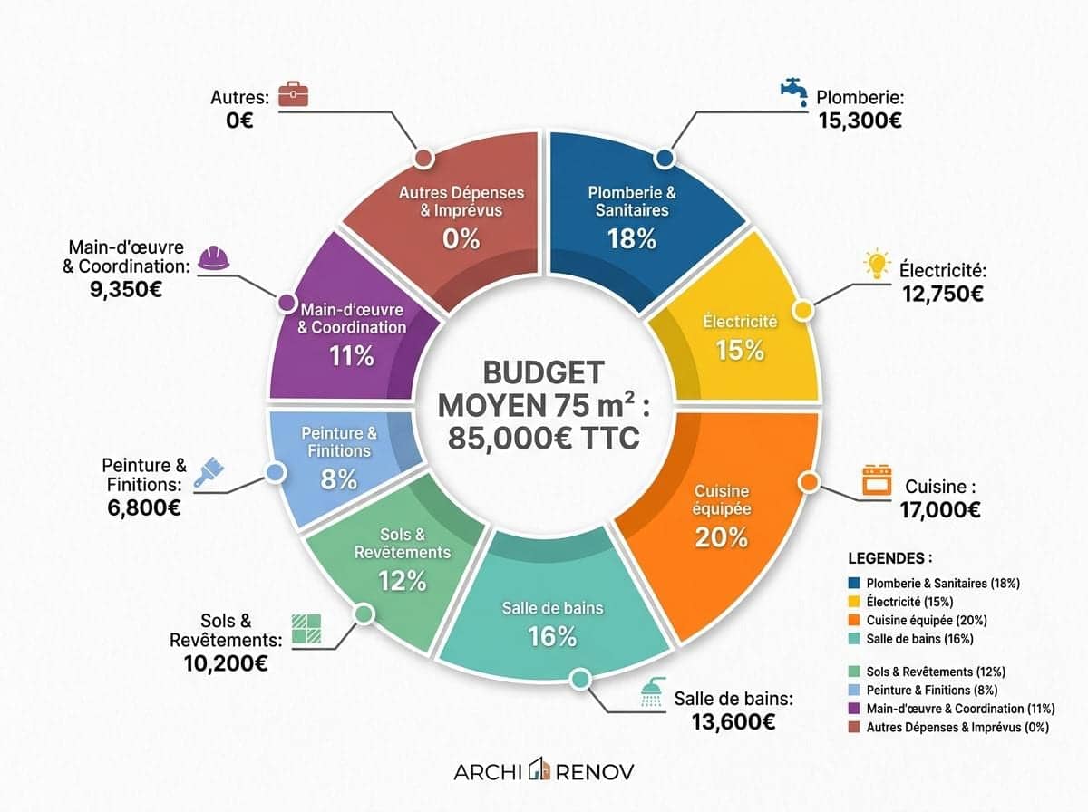Graphique du budget moyen de rénovation de 85 000 € TTC pour 75 m²