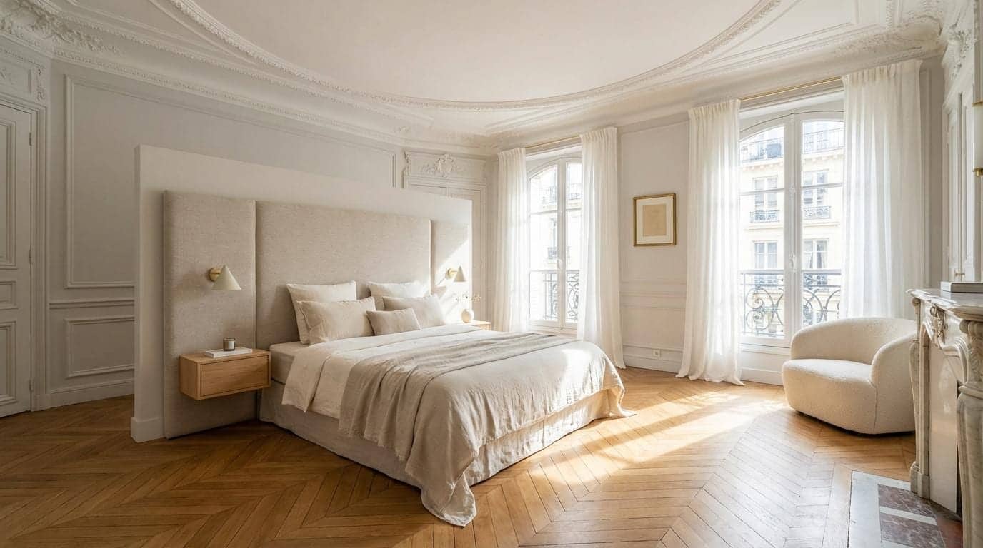 Chambre haussmannienne beige avec tête de lit en lin, parquet et fenêtres cintrées à Paris