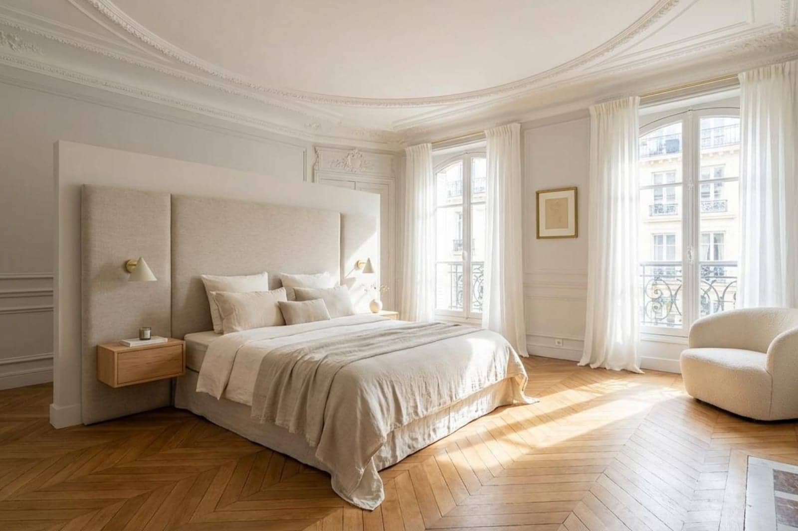 Chambre haussmannienne beige avec tête de lit en lin, parquet et fenêtres cintrées