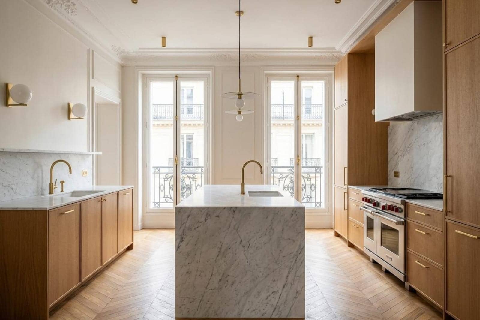 Cuisine rénovée : façades en chêne, îlot en marbre et parquet en point de Hongrie