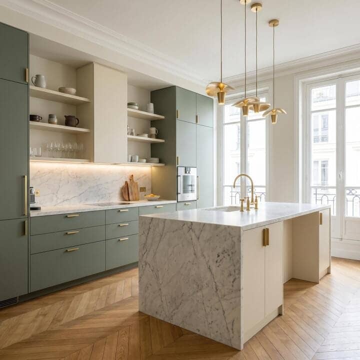 Cuisine ouverte vert sauge avec îlot en marbre, robinetterie et suspensions dorées à Clichy-la-Garenne