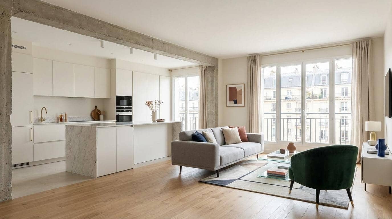 Séjour ouvert avec cuisine blanche, îlot en marbre, poutre brute et canapé gris, Paris 16