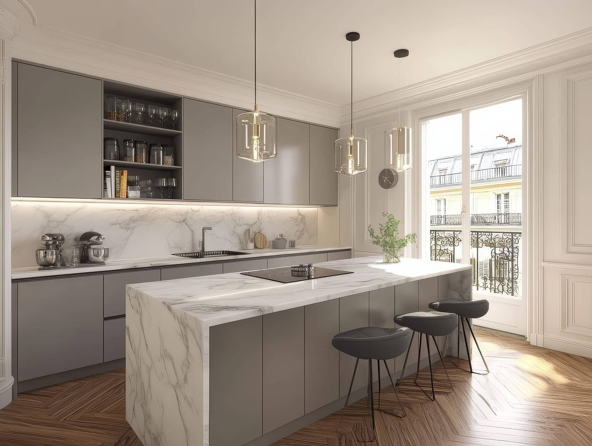 Cuisine grise mate avec îlot en marbre, tabourets noirs, suspensions en verre et parquet à Paris