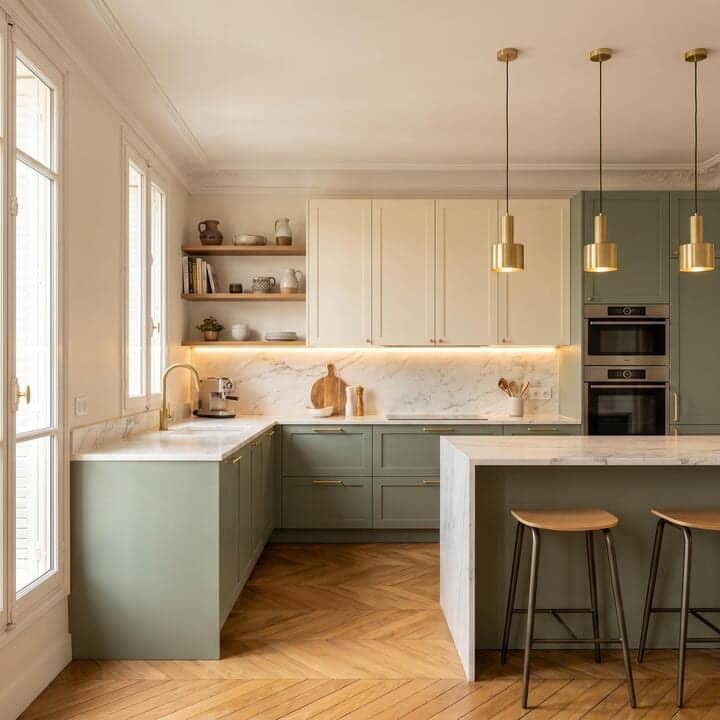Cuisine vert sauge et crème avec îlot en marbre, suspensions en laiton et parquet à Paris