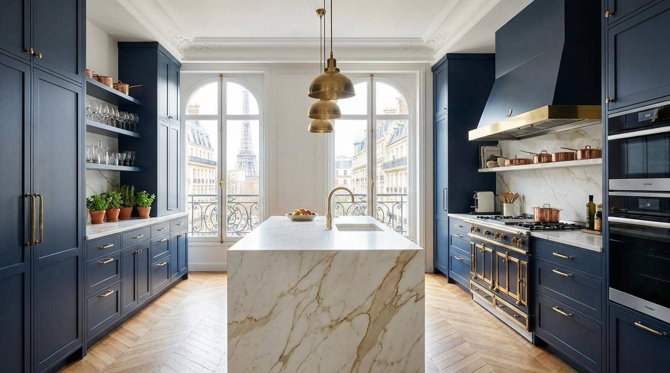 Cuisine haussmannienne bleu marine, îlot en marbre doré et parquet en chevrons, Paris 16