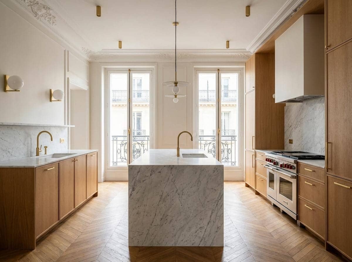 Cuisine à îlot en marbre, façades en chêne, laiton et piano de cuisson à Paris 8