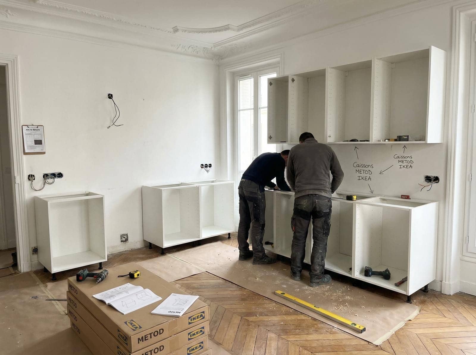 Deux ouvriers posant des caissons de cuisine blancs dans un appartement haussmannien à Paris
