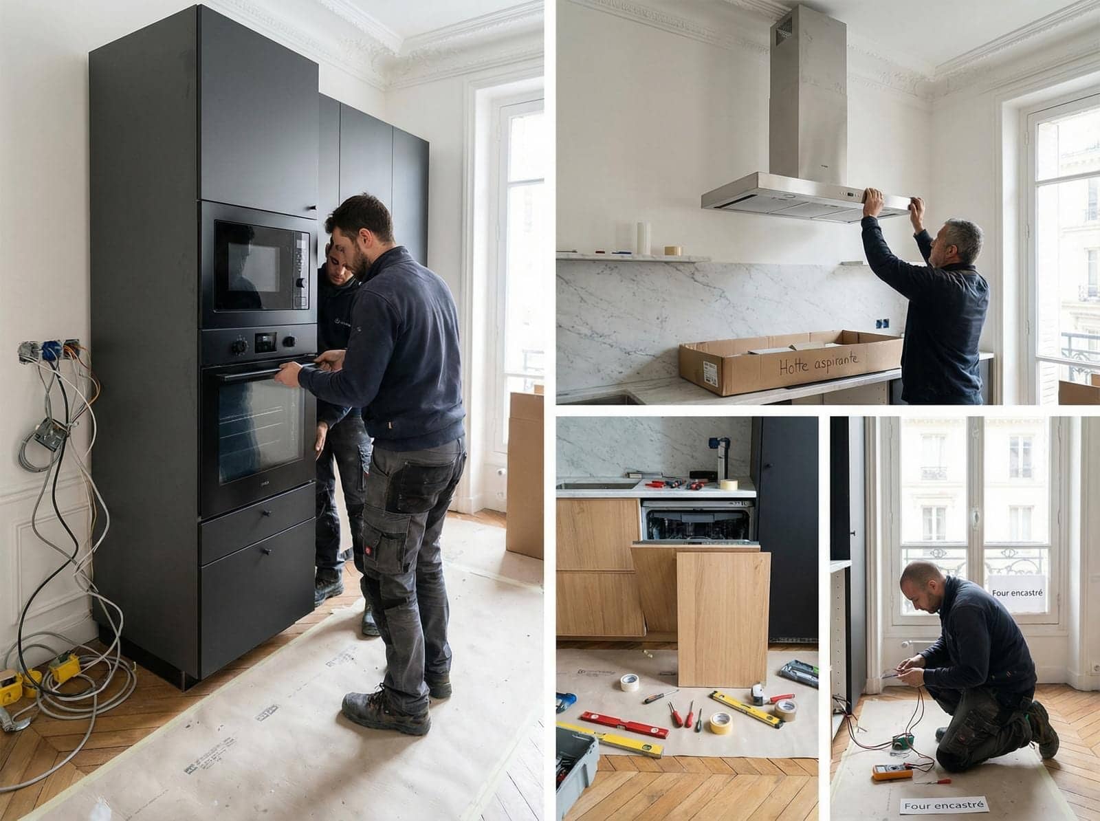 Techniciens installant colonne de four noir, hotte inox et lave-vaisselle dans une cuisine haussmannienne