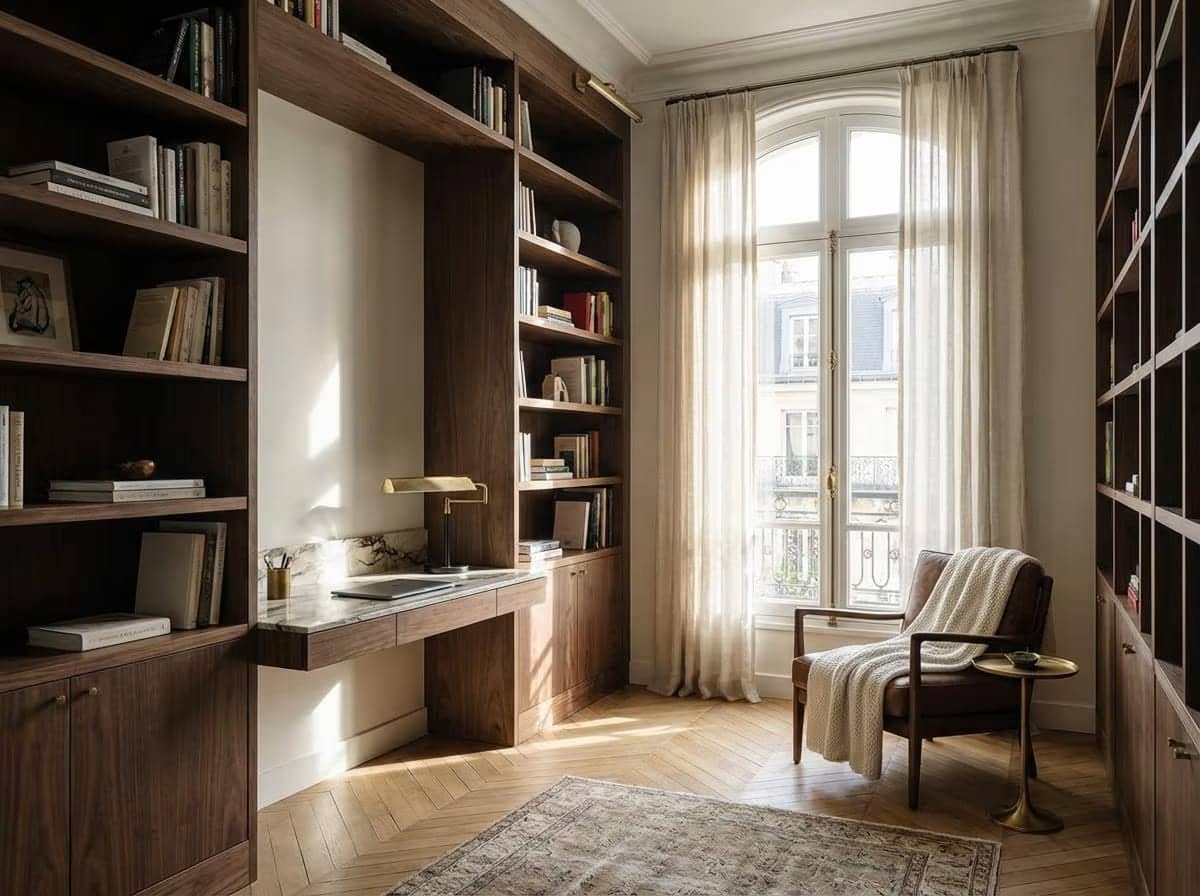 Bureau intégré dans bibliothèque en noyer, fauteuil en cuir et parquet chevrons à Levallois