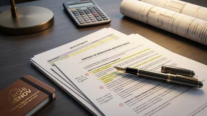 Contrat de rénovation et devis estimatif posés sur un bureau avec stylo-plume, calculatrice et plans