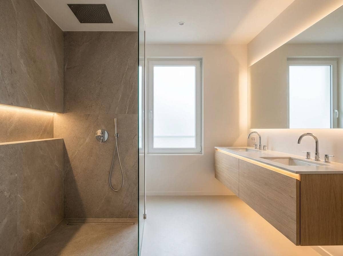 Douche en dalles de grès avec niche éclairée et double vasque sur meuble en chêne rétroéclairé