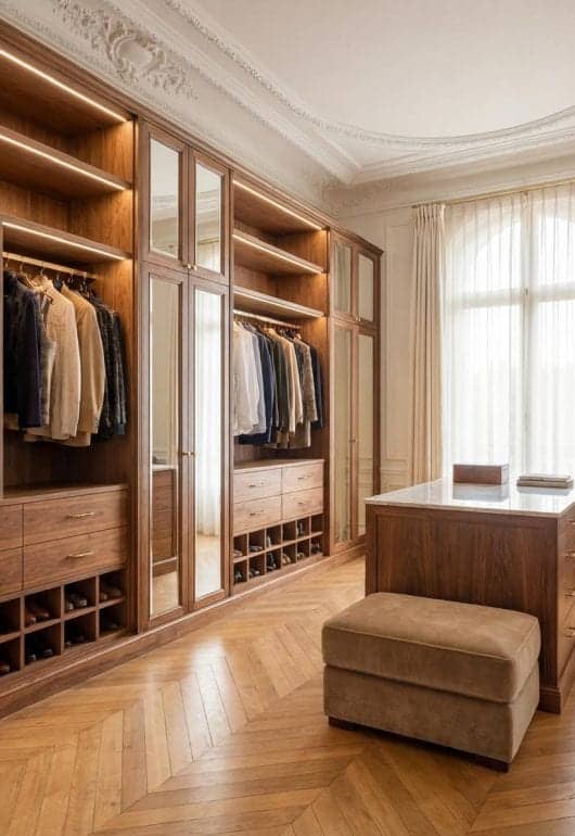 Dressing en noyer avec portes miroir, îlot en marbre et parquet en point de Hongrie