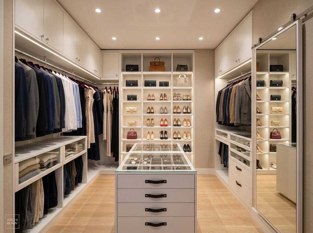 Dressing avec îlot central à tiroirs, étagères éclairées, sacs, chaussures et miroir coulissant à Paris 16