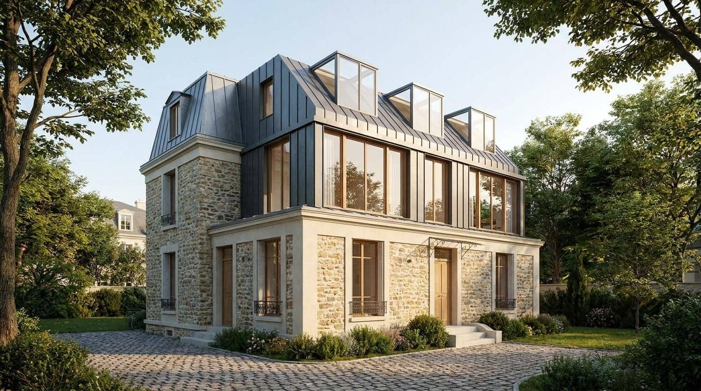 Maison en pierre avec surélévation en zinc et grandes lucarnes vitrées