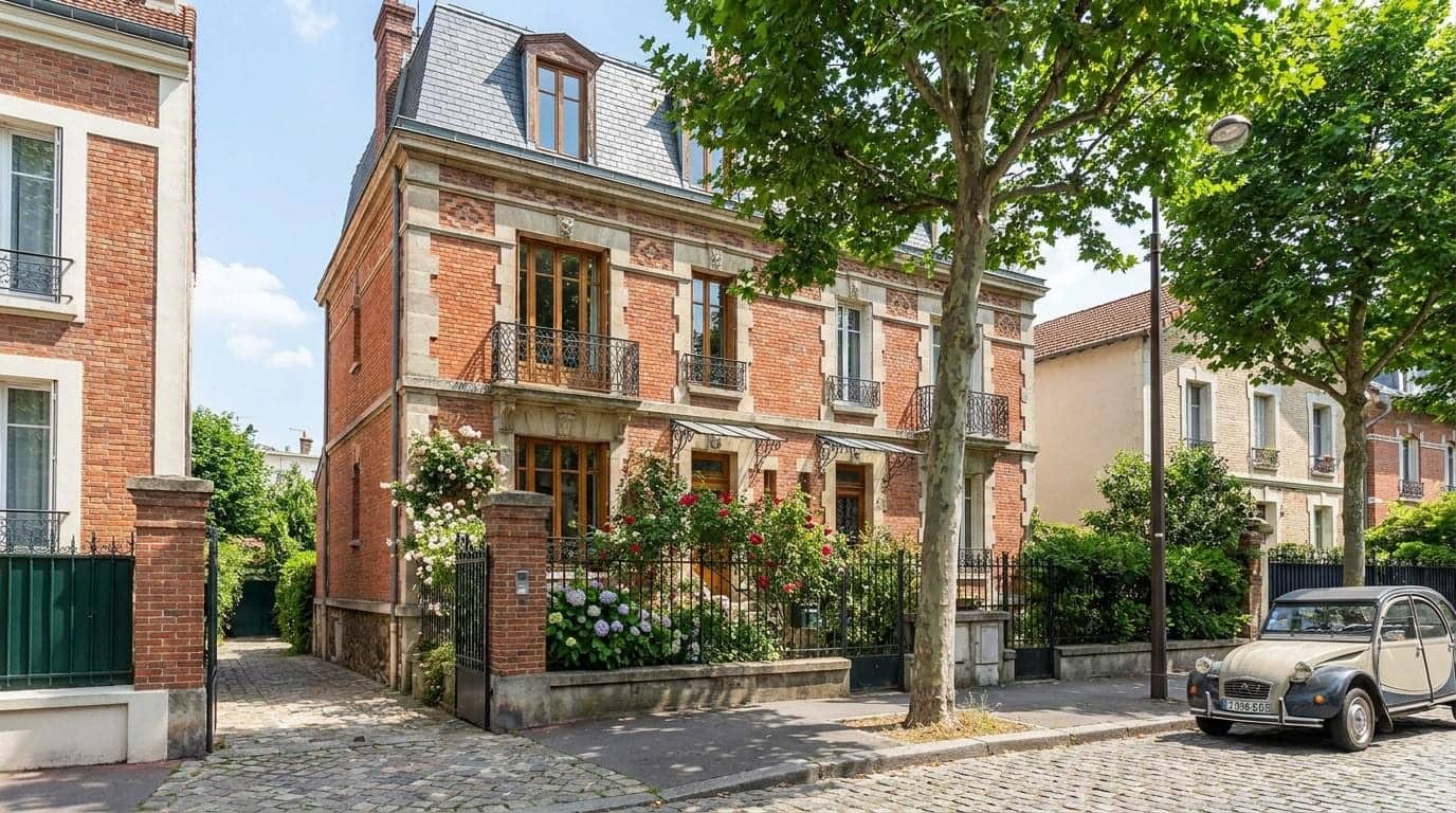 Maison de ville en brique rouge et pierre, toit mansardé en ardoise, jardin fleuri