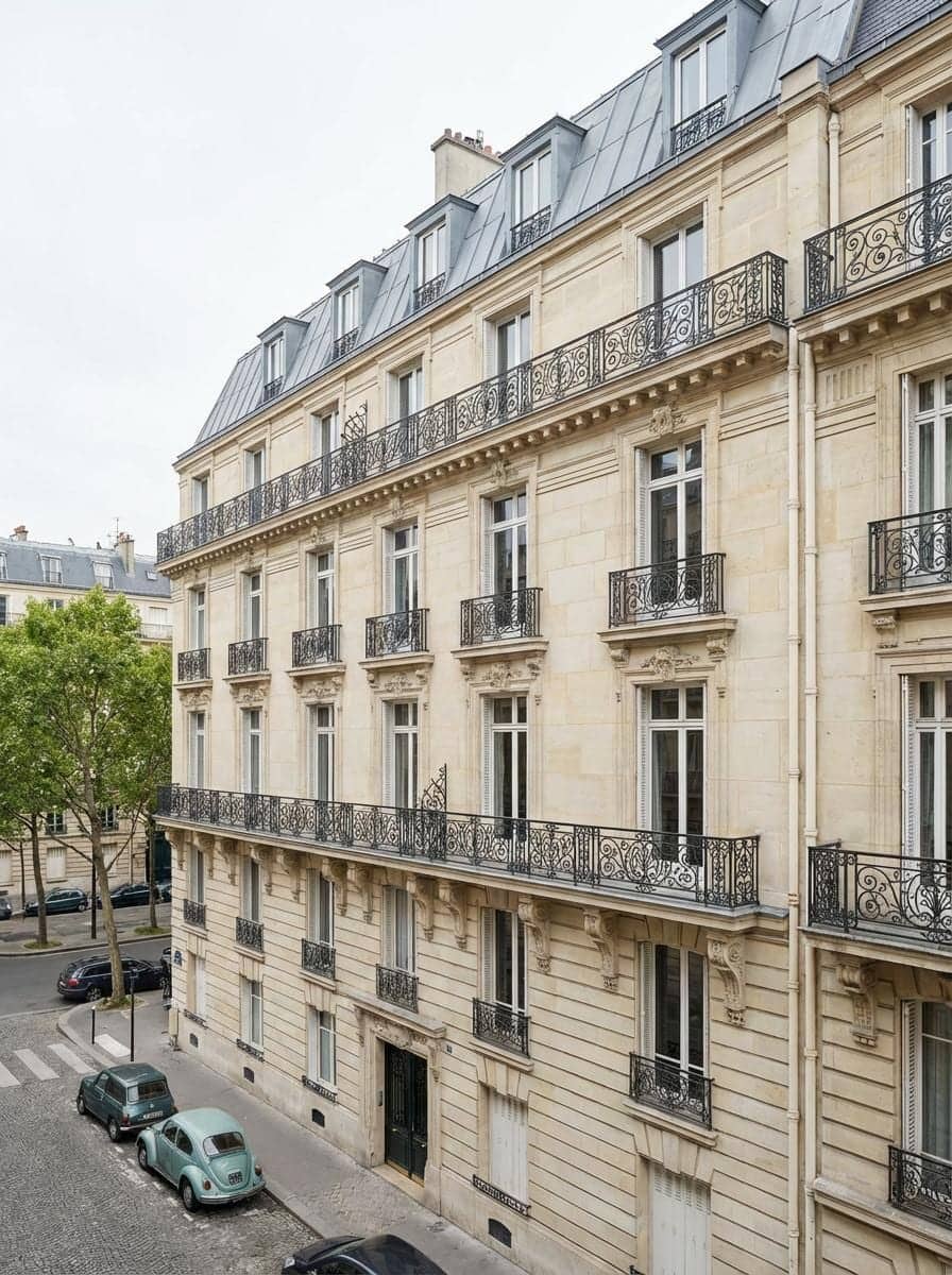 Façade d'immeuble haussmannien en pierre avec balcons en fer forgé et toiture en zinc