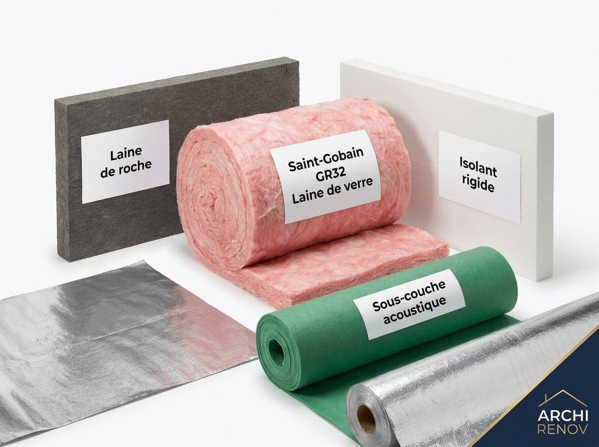 Échantillons d'isolants : laine de roche, laine de verre, isolant rigide et sous-couche acoustique