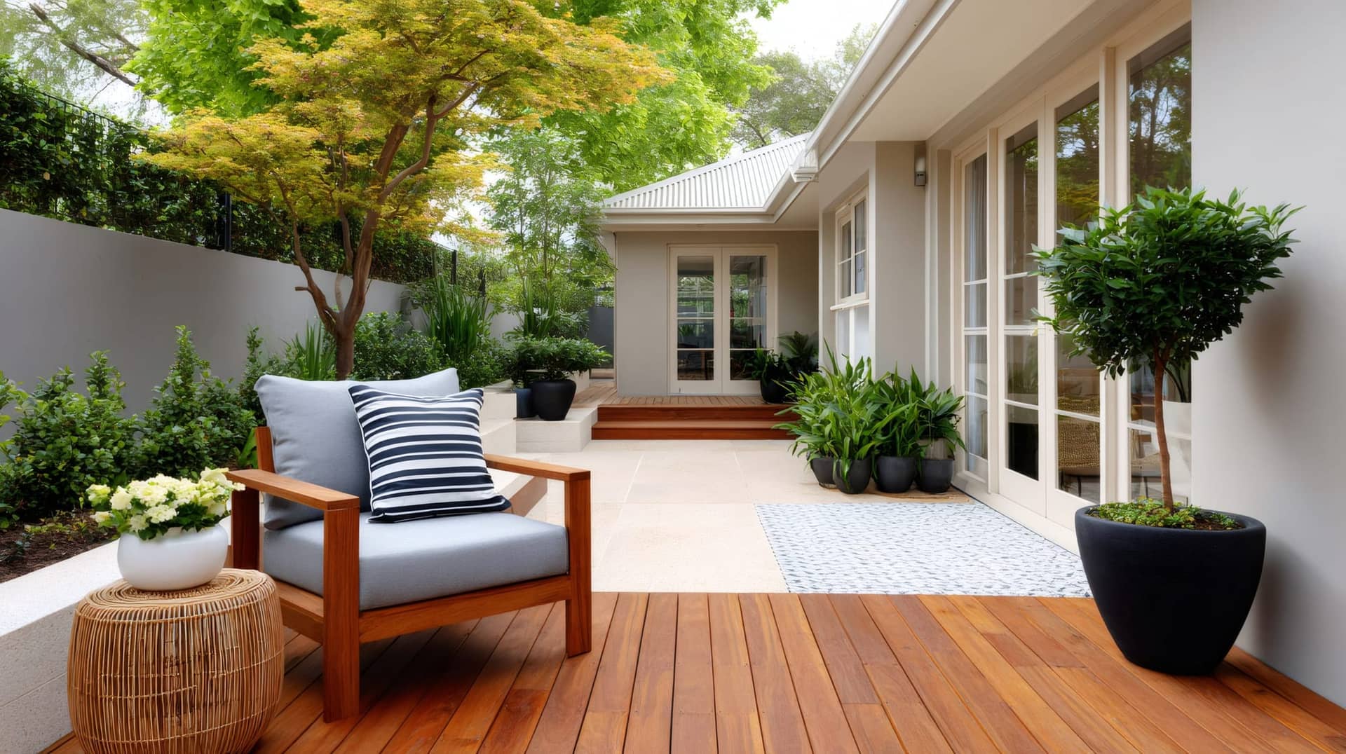Terrasse en bois exotique avec fauteuil, jardin arboré et maison à baies vitrées à Saint-Germain-en-Laye