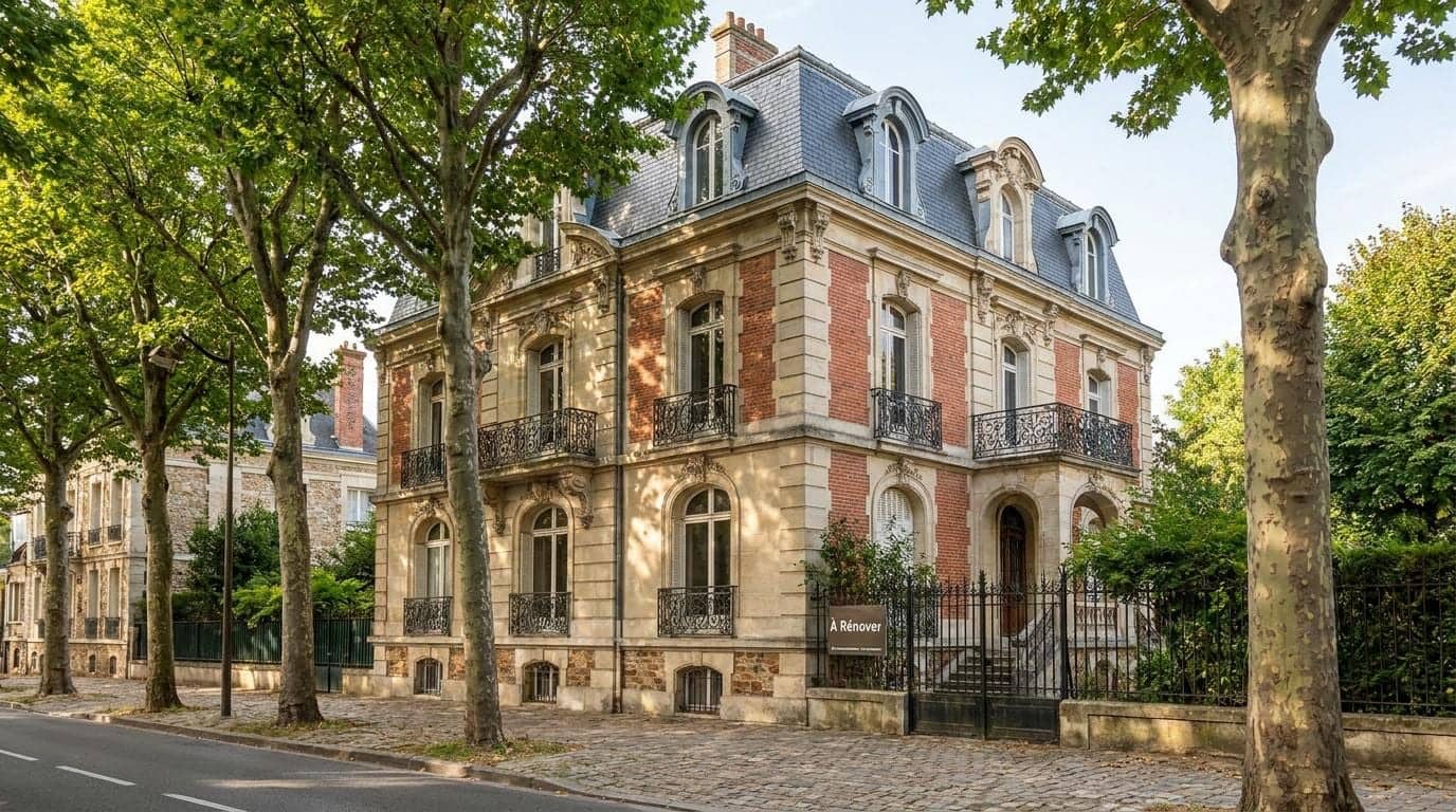 Hôtel particulier en pierre et brique à toit d'ardoise, signalé à rénover, derrière une grille