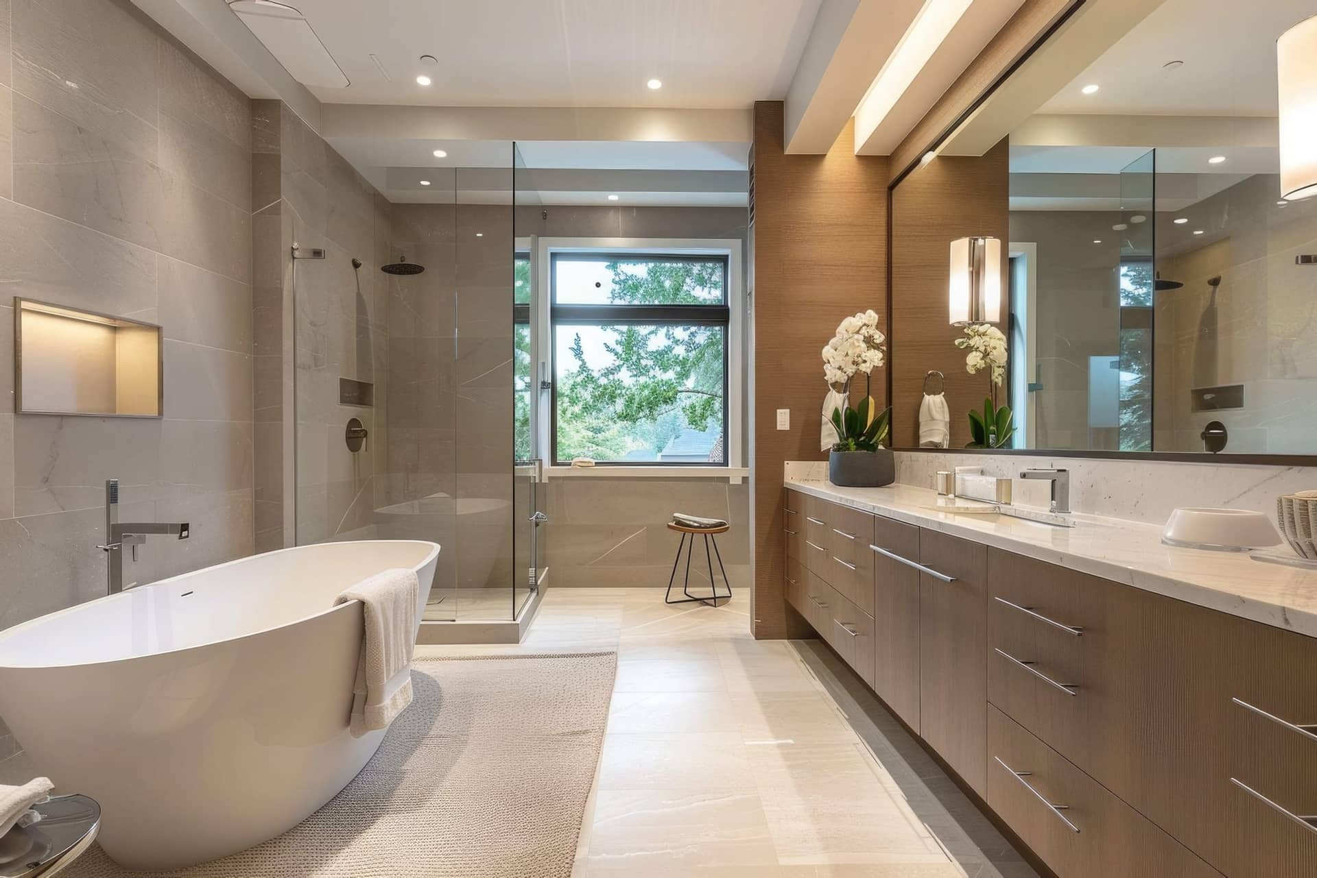 Salle de bain avec baignoire îlot, douche vitrée et double vasque à Boulogne