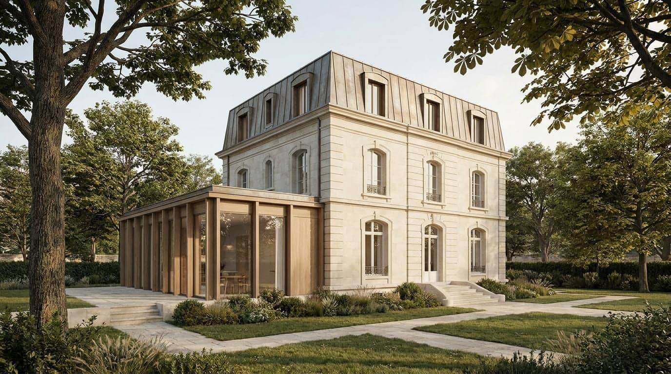 Maison bourgeoise en pierre claire avec toiture mansardée en zinc et extension vitrée à ossature bois