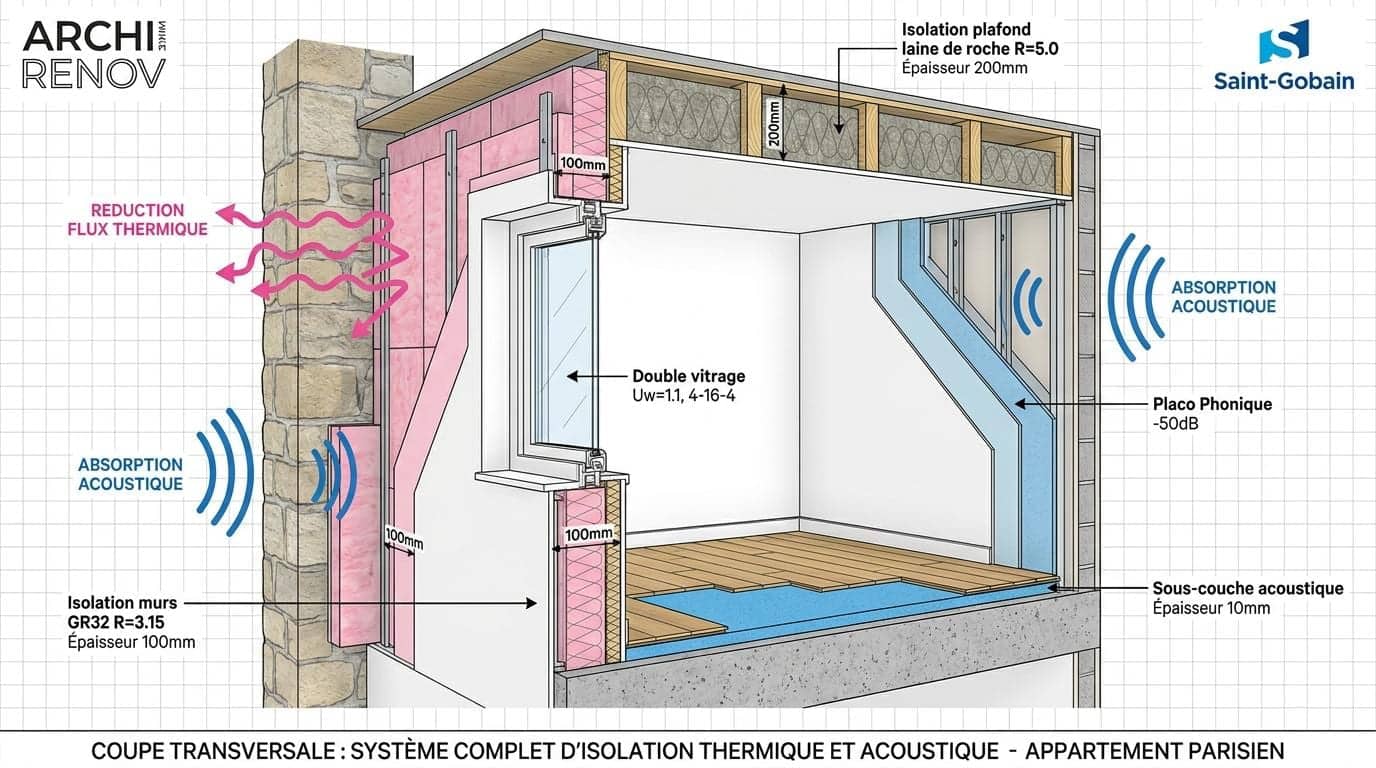 Coupe technique d'un système d'isolation thermique et acoustique pour appartement parisien
