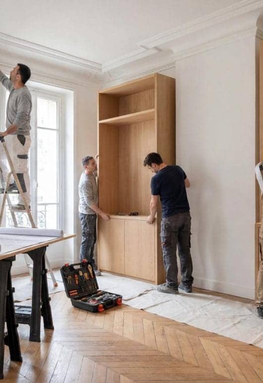 Menuisiers installant une bibliothèque en chêne sur mesure dans un appartement haussmannien