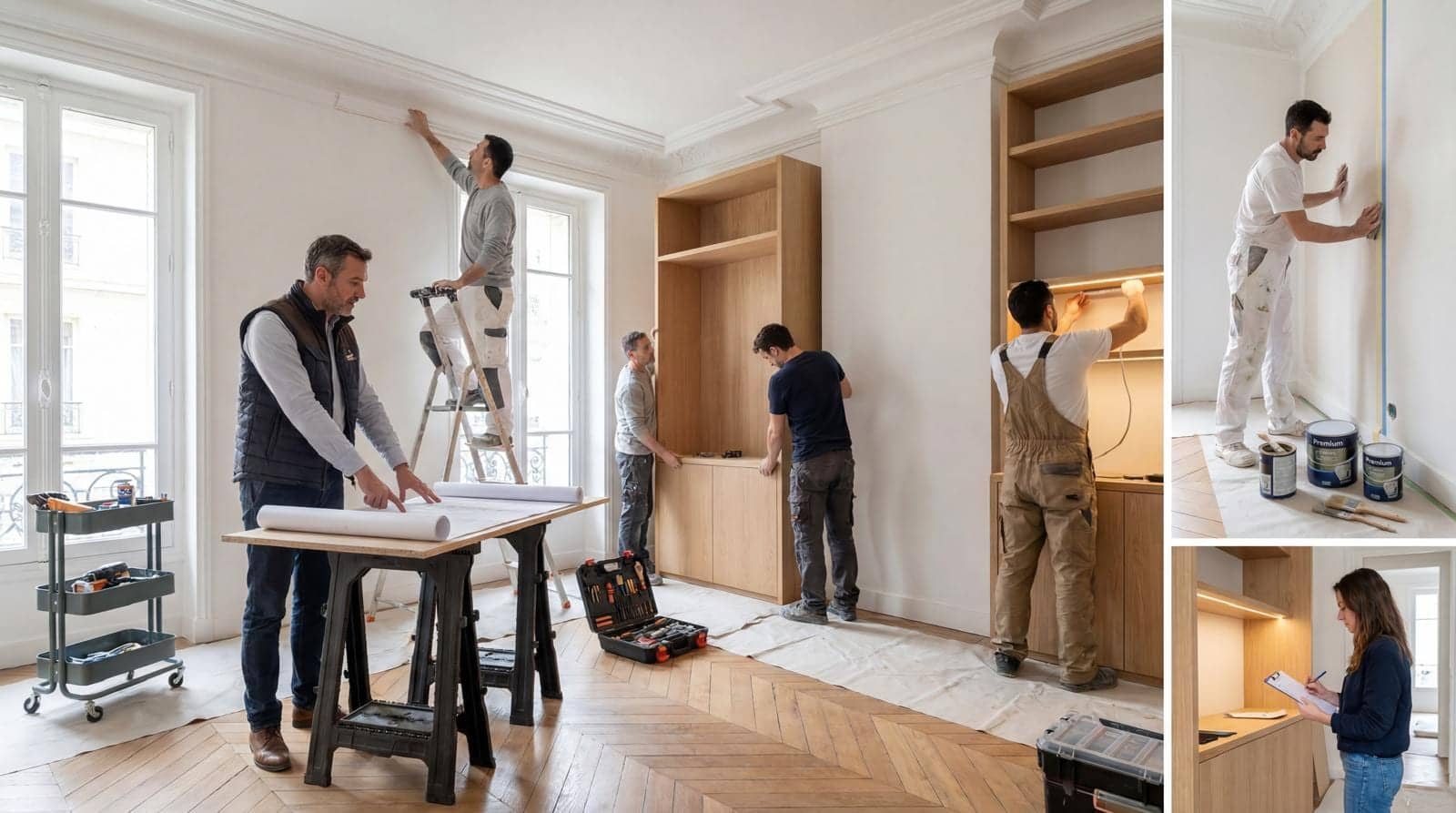 Artisans de corps d'état installant des boiseries, placards en chêne et peinture dans un salon haussmannien