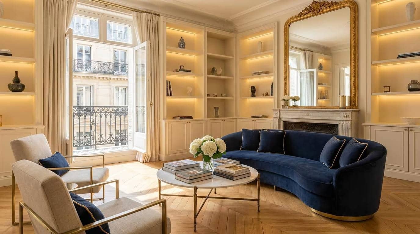 Salon haussmannien avec canapé en velours bleu, bibliothèques éclairées, cheminée et miroir doré à Neuilly-sur-Seine