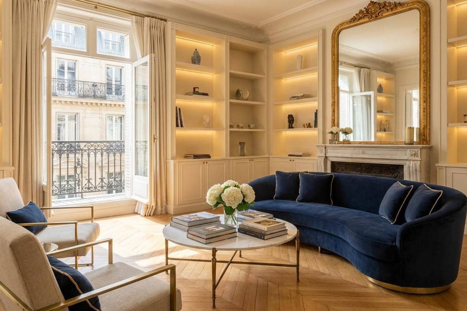 Salon haussmannien avec bibliothèques éclairées, canapé bleu nuit, cheminée en marbre et miroir doré
