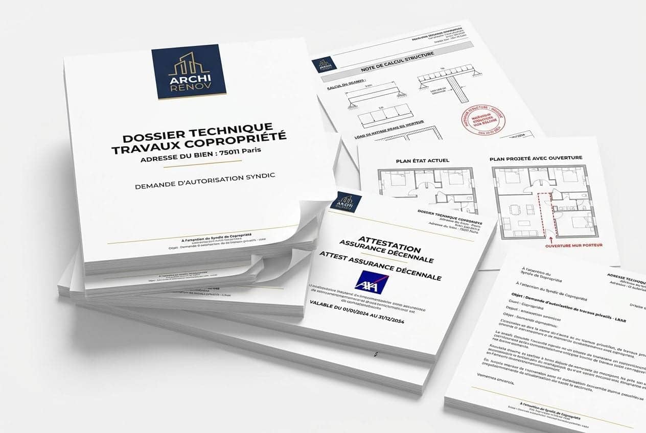 Dossier technique de travaux en copropriété avec plans, note de calcul et attestation décennale