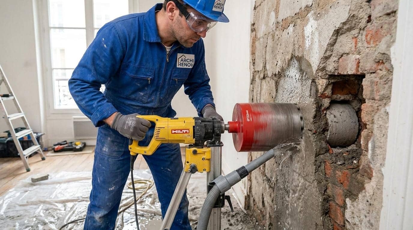 Ouvrier en bleu de travail perçant un mur en pierre et brique avec une carotteuse