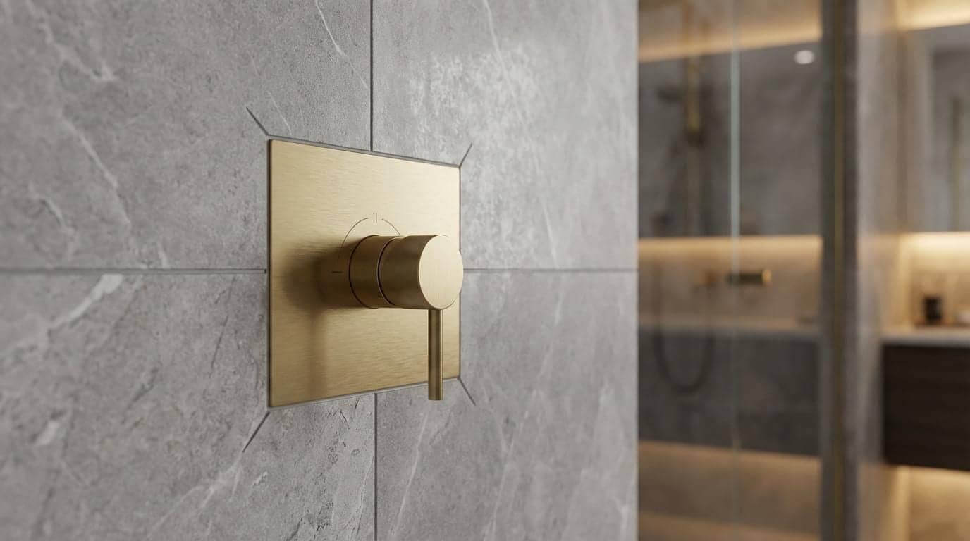 Mitigeur encastré en laiton doré sur carrelage gris effet pierre dans une douche à Paris 17e