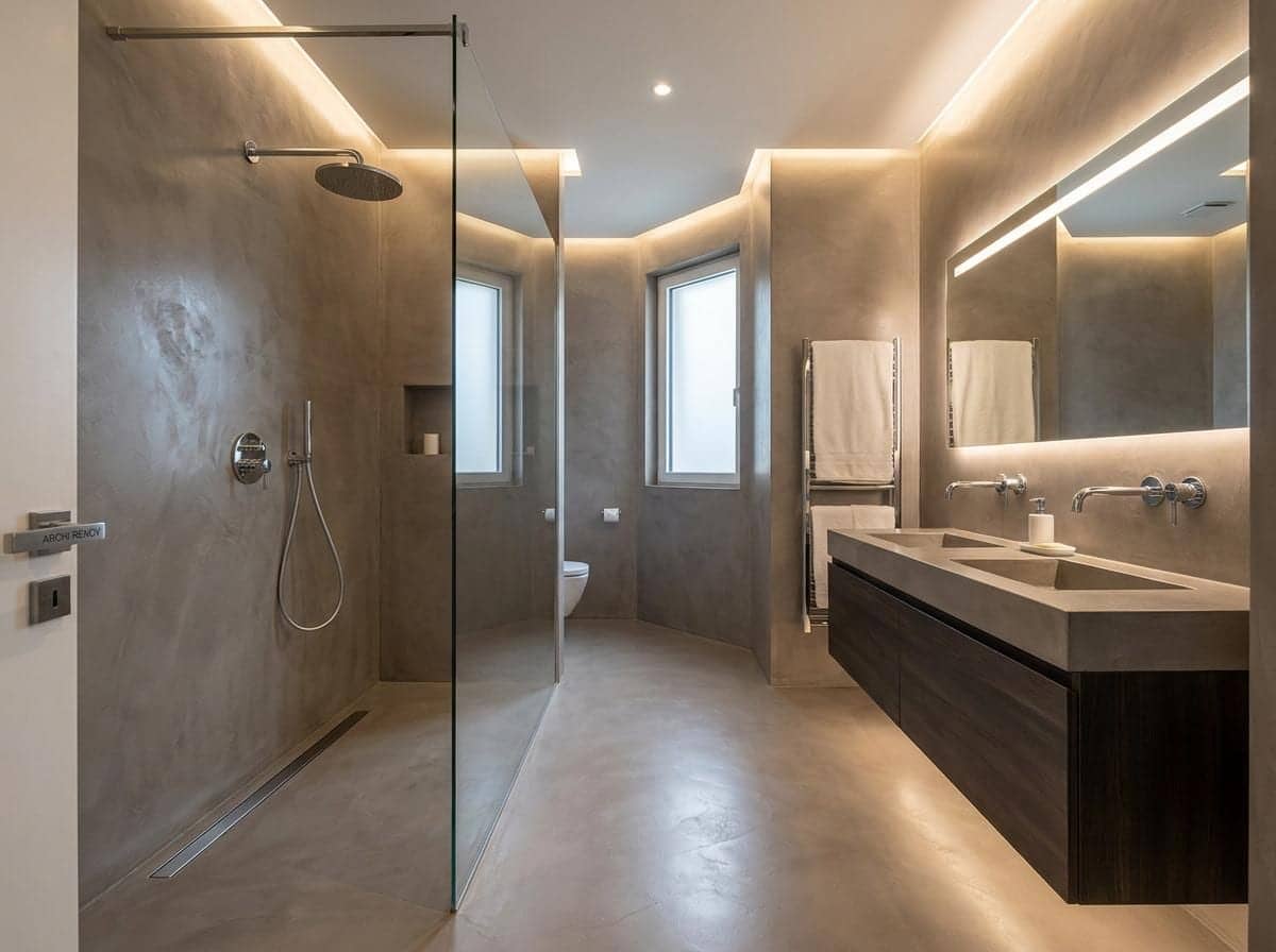 Salle de bain en béton ciré avec douche italienne et double vasque à Paris 16