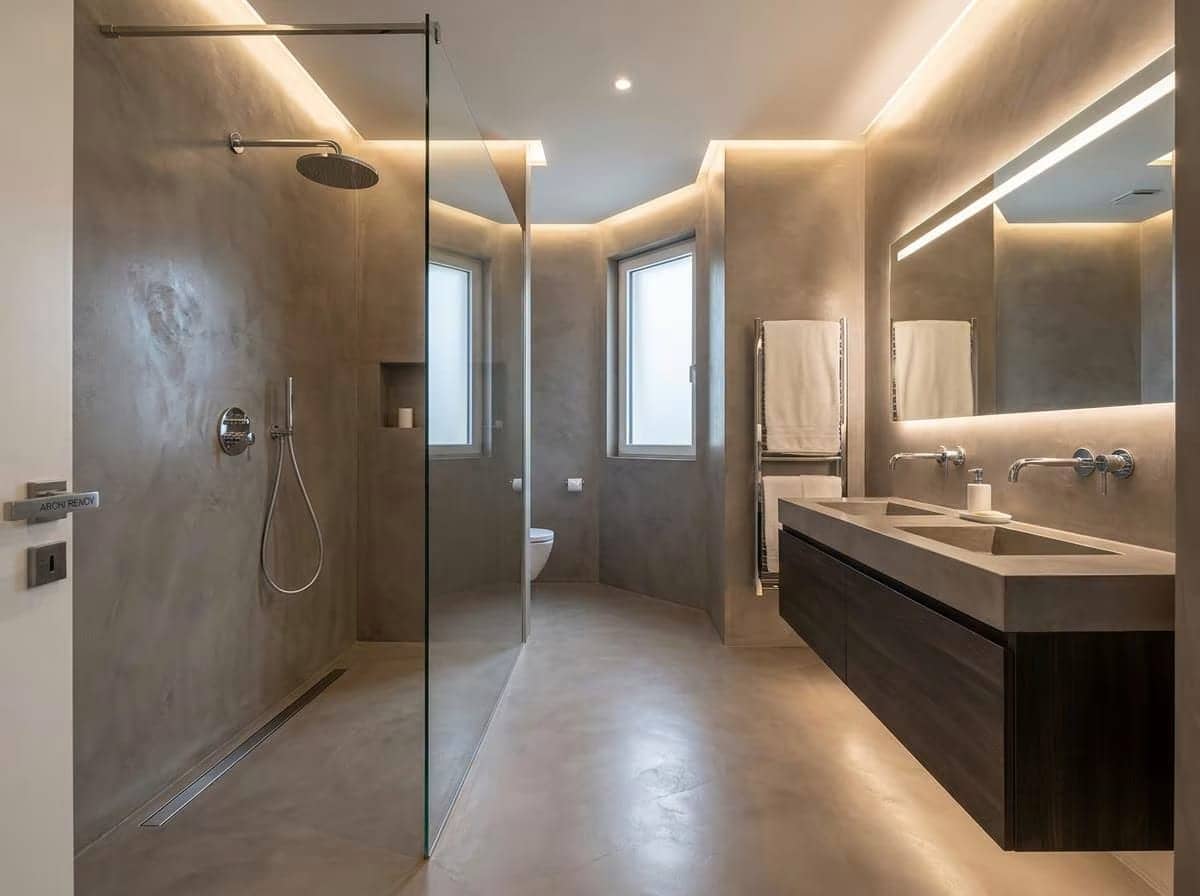 Salle de bain en béton ciré avec douche à l'italienne et double vasque suspendue