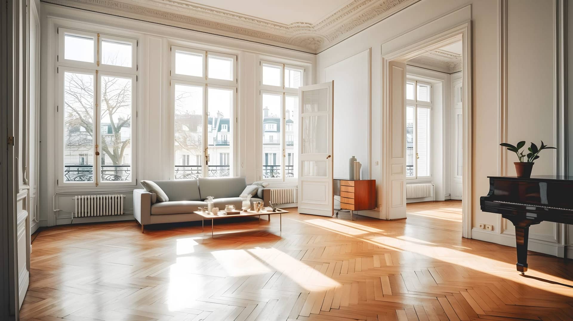 Salon haussmannien lumineux avec moulures, grandes fenêtres, canapé gris et parquet en point de Hongrie