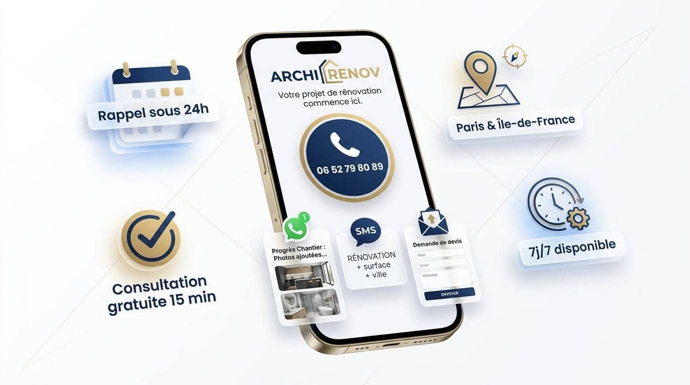 Visuel Archi Renov : téléphone, rappel sous 24 h, consultation gratuite de 15 minutes