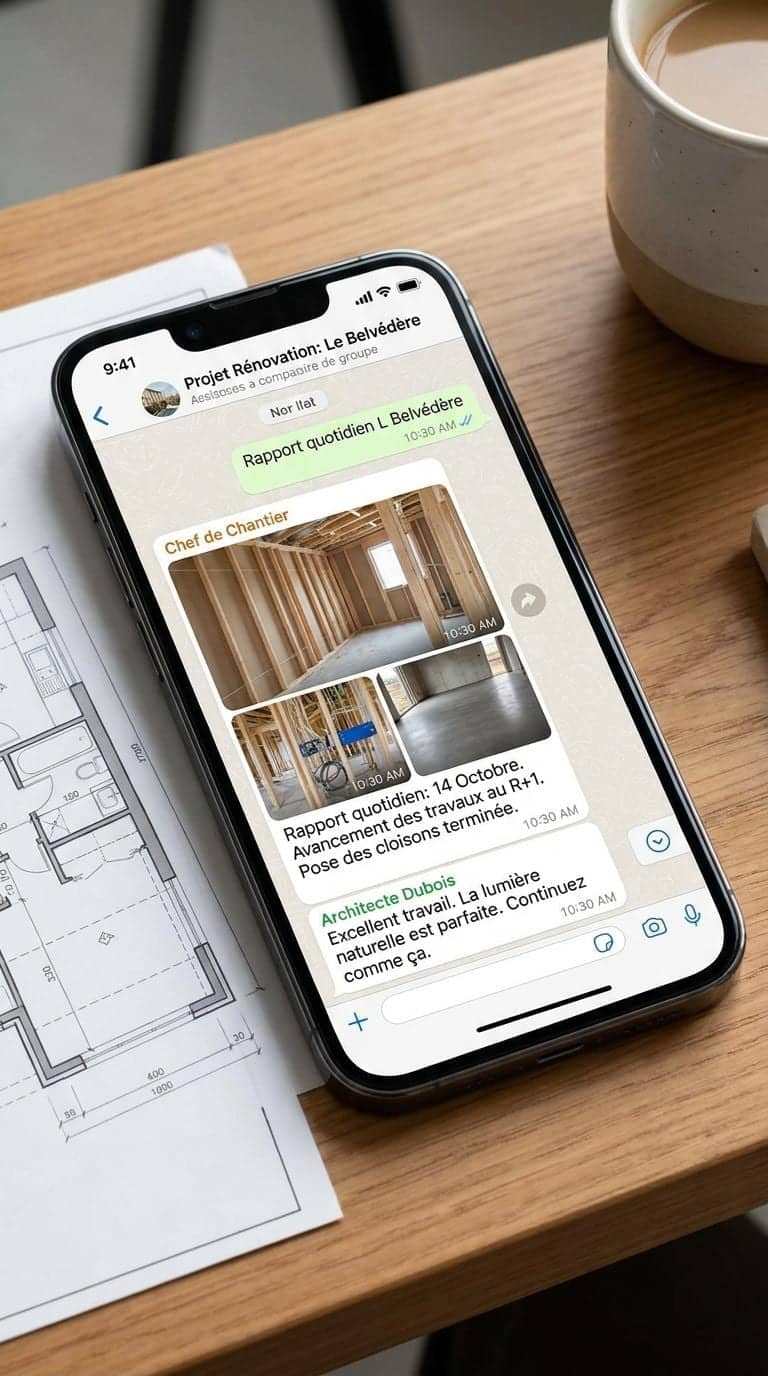 Smartphone affichant un rapport quotidien de chantier avec photos, posé sur un plan d'appartement