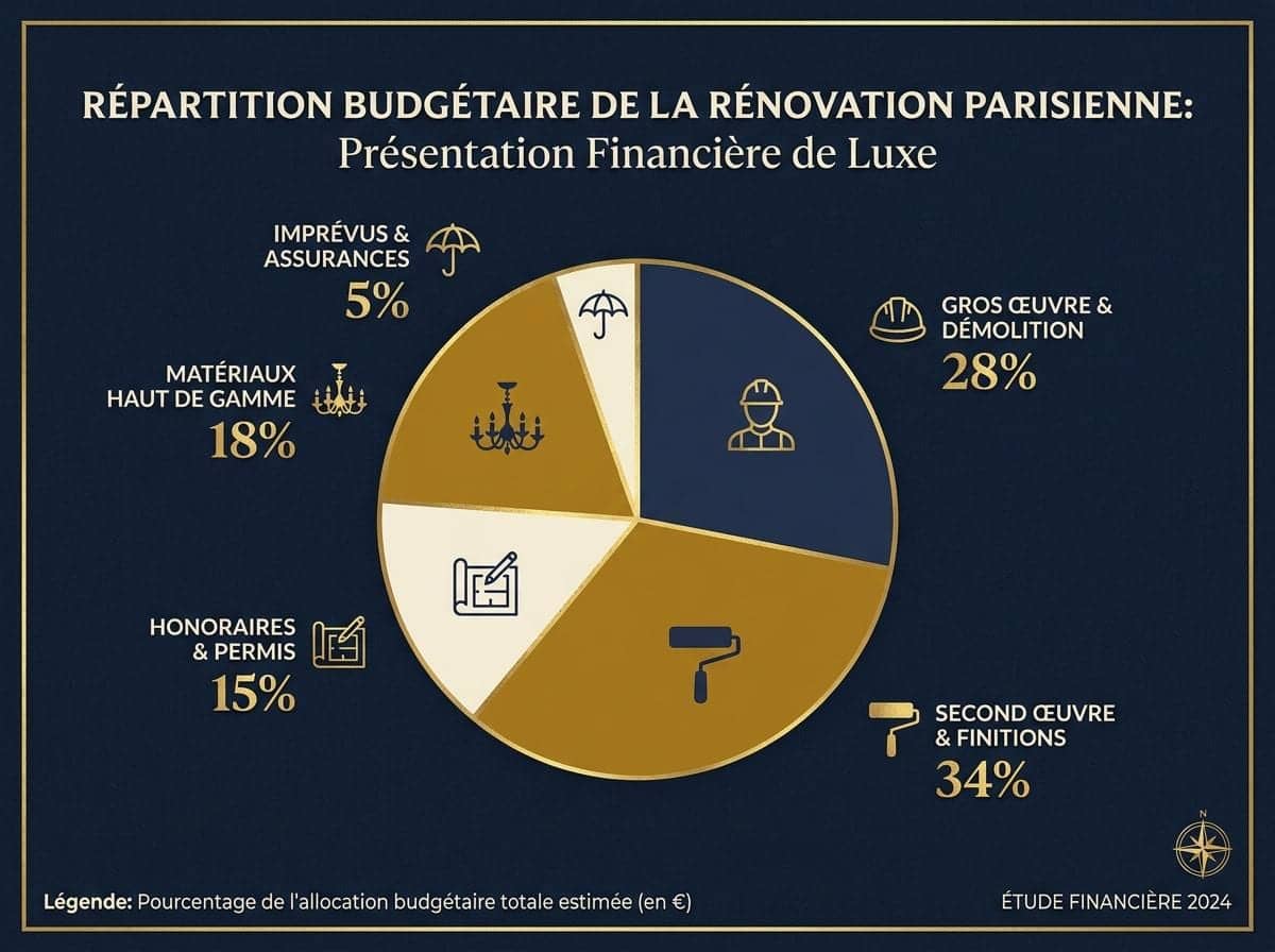 Diagramme circulaire de la répartition budgétaire d'une rénovation parisienne par poste de travaux