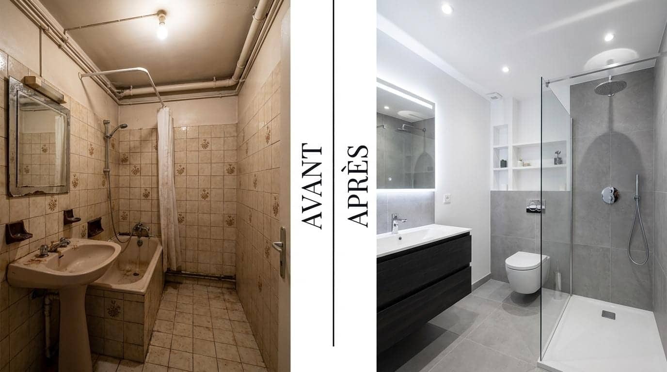 Comparatif avant-après d'une salle de bain rénovée en douche à l'italienne à Paris 16e