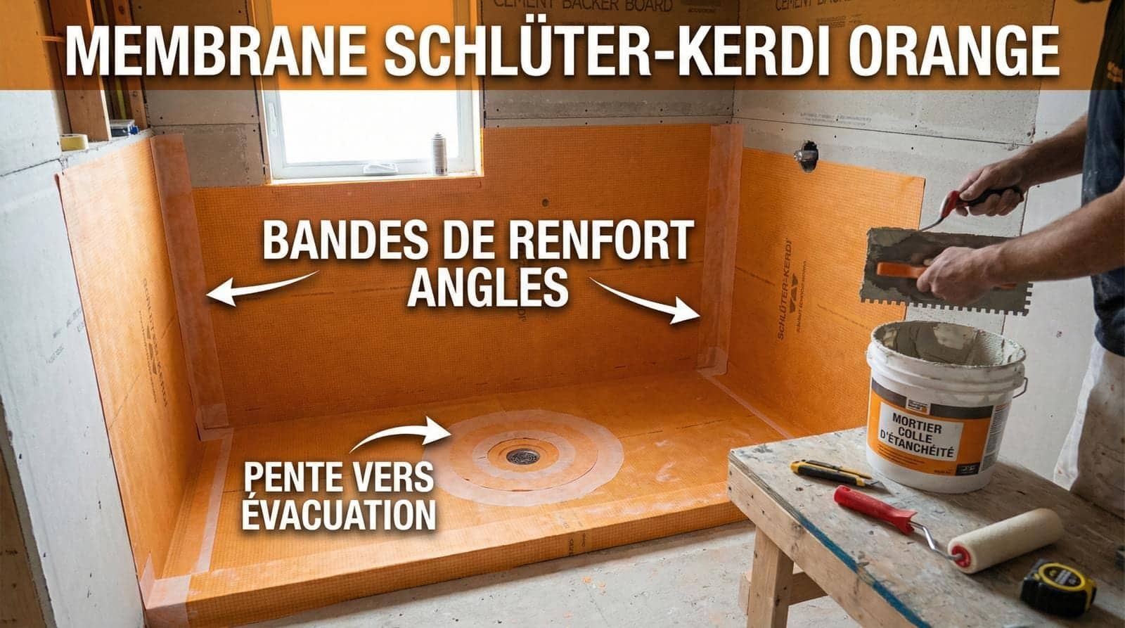 Schéma de pose d'une membrane d'étanchéité orange Schlüter-Kerdi dans une douche en chantier à Paris 7