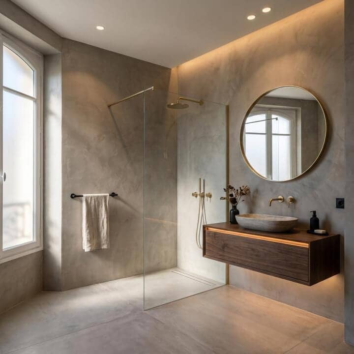 Salle de bain avec douche vitrée, vasque ronde et miroir rond à Asnières-sur-Seine